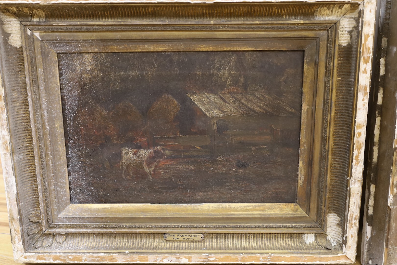 Tom Hunt, oil on canvas, The Farmyard, 30 x 45cm and an A.K. Brown, Study of houses, 45 x 30cm, (both a.f.).